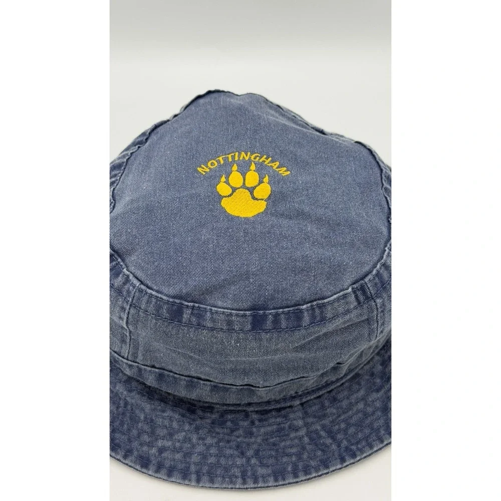 Vintage Nottingham Paw Print Denim Bucket Hat Blue Yellow Embroidered Y2K Colleg - Picture 2 of 7